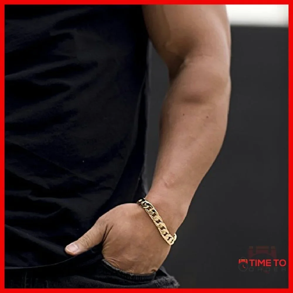 10in 12mm Flat Cuban Link Bracelet 24k Gold Plated Heavy Chain